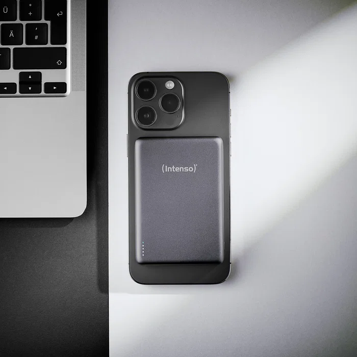 Intenso MW10000 Batería Externa Powerbank 10000 mAh, Compatible MagSafe, Carga Inalámbrica 15W y USB-C PD 20W, Gris