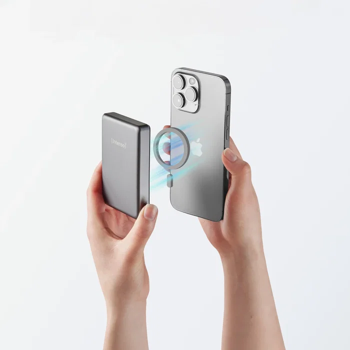 Intenso MW10000 Batería Externa Powerbank 10000 mAh, Compatible MagSafe, Carga Inalámbrica 15W y USB-C PD 20W, Gris