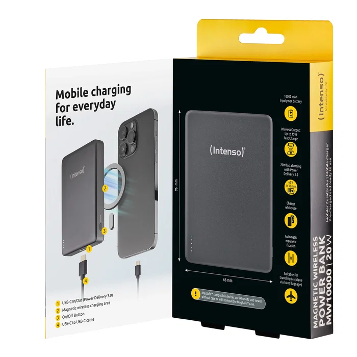Intenso MW10000 Batería Externa Powerbank 10000 mAh, Compatible MagSafe, Carga Inalámbrica 15W y USB-C PD 20W, Gris