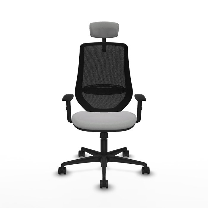 Silla de oficina Mardos con mecanismo Sincro tapizada con Tela color Gris claro y malla color Negro. Equipada con lumbar 1D, Brazos 1D, Cabecero 2D y Ruedas 65mm nailon