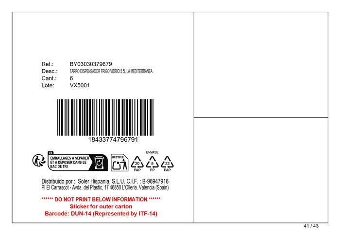 Inde Tarro Dispensador Frigo de Vidrio 5.5 Litros - Capacidad 5.5L, Medidas 21x21x18.5 cm (6 Unidades)