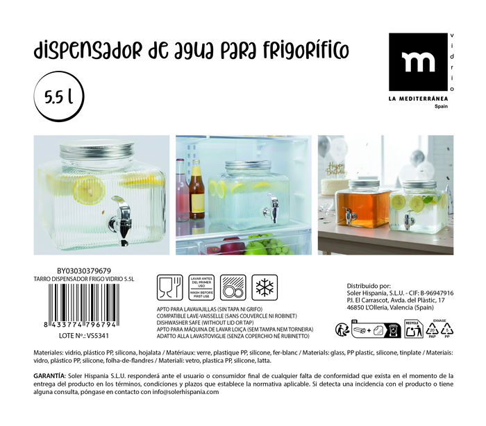 Inde Tarro Dispensador Frigo de Vidrio 5.5 Litros - Capacidad 5.5L, Medidas 21x21x18.5 cm (6 Unidades)