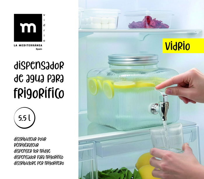Inde Tarro Dispensador Frigo de Vidrio 5.5 Litros - Capacidad 5.5L, Medidas 21x21x18.5 cm (6 Unidades)