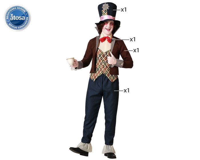 Otros Disfraz Adulto Hombre Sombrerero Loco de Alicia con Sombrero, Pajarita, Chaqueta y Pantalón Marrón - Tallas XS-S