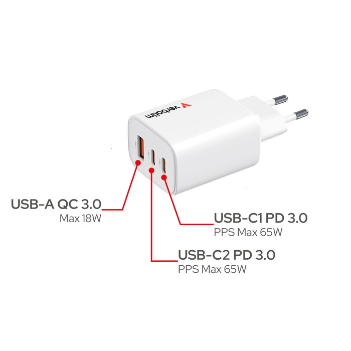 Verbatim Essentials Cargador de Pared GaN 65W 2xUSB-C 1xUSB-A Blanco Verbatim Essentials Cargador de Pared GaN 65W 2xUSB-C 1xUSB-A Blanco