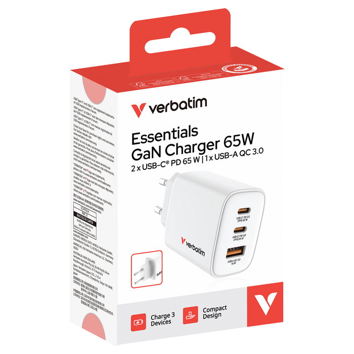 Verbatim Essentials GaN Charger 65W 2xUSB-C 1xUSB-A Blanco Verbatim Essentials GaN Charger 65W 2xUSB-C 1xUSB-A Blanco