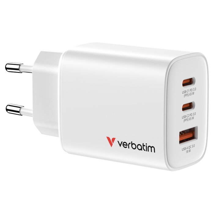 Verbatim Essentials GaN Charger 65W 2xUSB-C 1xUSB-A Blanco Verbatim Essentials GaN Charger 65W 2xUSB-C 1xUSB-A Blanco