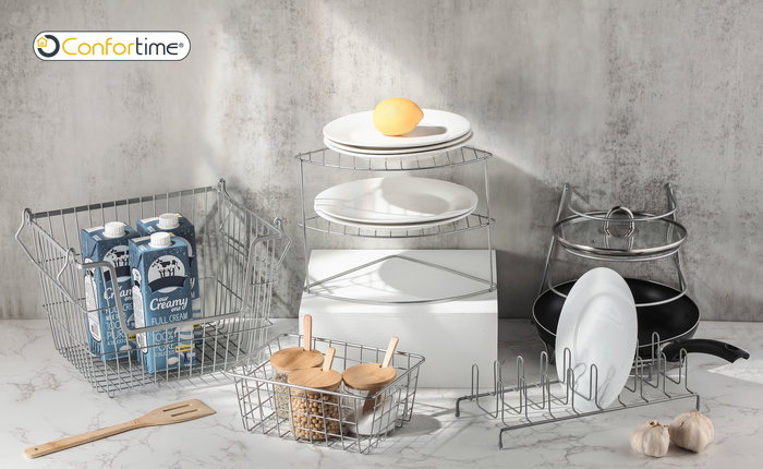 Confortime Rinconera de Cocina con 3 Estantes, Diseño Grey, Dimensiones 19 cm Ancho x 40 cm Alto x 19 cm Largo (6 Unidades)