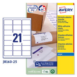 Avery J8160-25 Paquete 25 Hojas Etiquetas Blancas Quick Dry para Impresoras de Inyección de Tinta 63.5x38.1 MM
