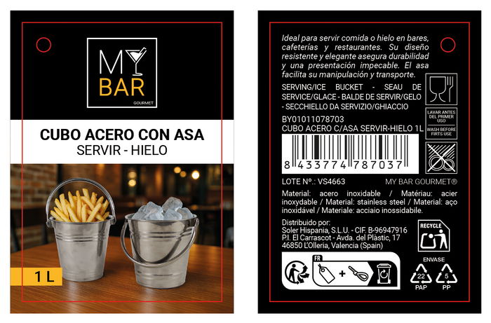 My Bar Cubo para Servir Hielo de Acero con Asa 1L - 12.8x12.4 cm (12 Unidades) My Bar Cubo para Servir Hielo de Acero con Asa 1L - 12.8x12.4 cm (12 Unidades)