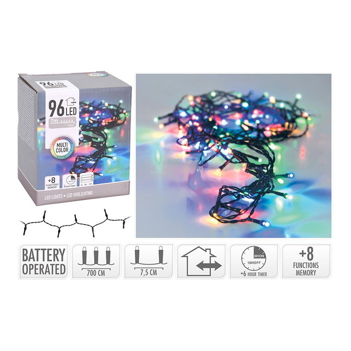Sin Marca Guirnalda a Pilas IP44 Exterior/Interior Multifunción con 96 LEDs, 8 Funciones + Temporizador, Cable Negro, 7.5m, Multicolor