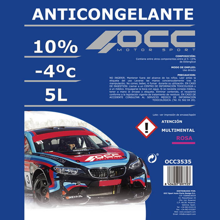 Occ Motorsport OCC3535 Anticongelante Refrigerante Rosa 10% Protección -4°C 5 Litros para Circuito de Refrigeración