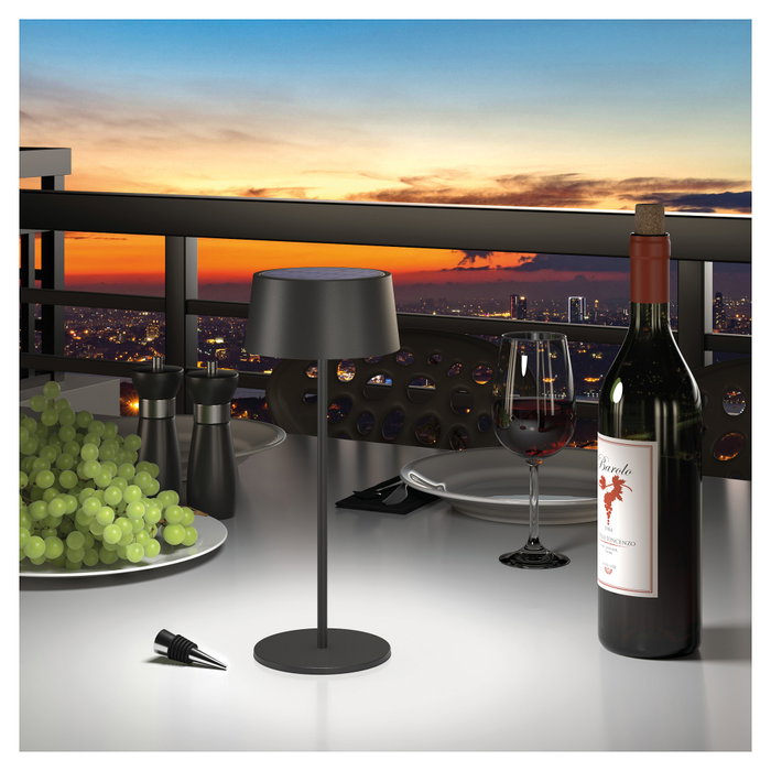 RealPower 300 Solar Lámpara de Mesa LED Regulable, Recargable por Energía Solar y Batería 2200 mAh, Color Negro, 150 lm, 4W, Blanco Cálido 3000K, IP44 para Interior y Exterior