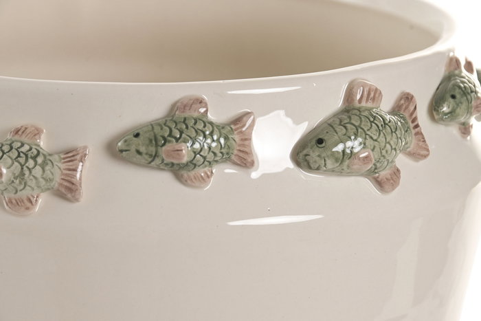 DKD Home Decor Jarrón de Cerámica con Motivo de Peces, Crema y Verde