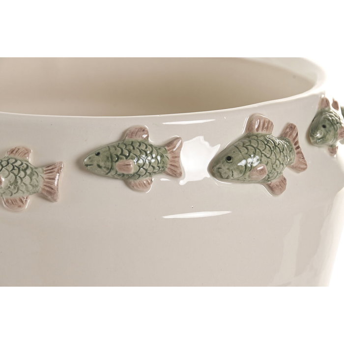 DKD Home Decor Jarrón de Cerámica con Motivo de Peces, Crema y Verde