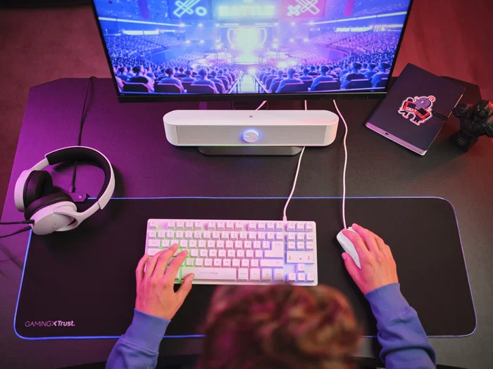 Trust Barra de Sonido GXT 619W Thorne Blanco con Iluminación RGB, 2.0 Canales, 6 W, Conexión USB/AUX para PC y Escritorio