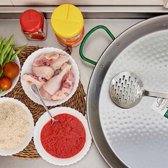 La Dehesa Paellera Pulida 50 cm Acero Pulido Plata 13 Raciones Apta Gas y Leña (Set de 4)