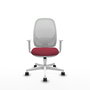 Silla de oficina Cilanco con mecanismo Sincro tapizada con Tela color Granate y malla color Blanco. Equipada con lumbar 1D, Reposabrazos blancos y Ruedas 65mm nailon