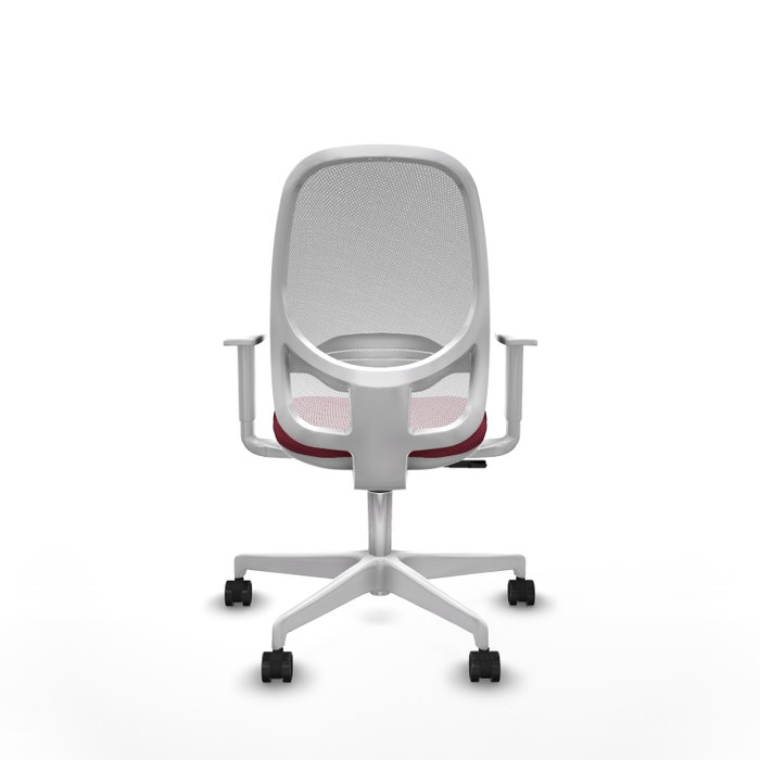 Silla de oficina Cilanco con mecanismo Sincro tapizada con Tela color Granate y malla color Blanco. Equipada con lumbar 1D, Reposabrazos blancos y Ruedas 65mm nailon