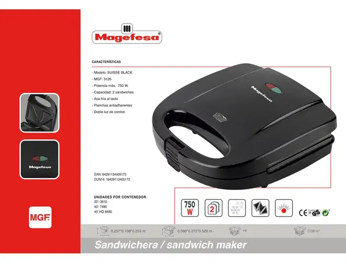 Magefesa Sandwichera Suisse Black MGF3126 750W Antiadherente Con Asa Fría