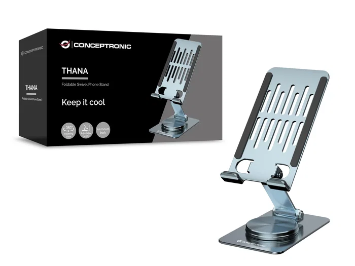 Conceptronic Soporte para smartphone giratorio y plegable thana08g con rotación 360° y altura ajustable