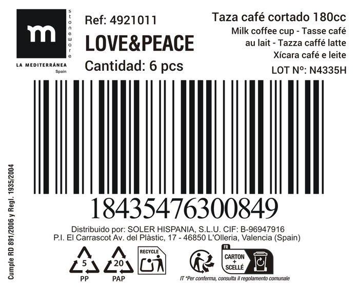 Inde Taza Cafe Cortado 180 cc "Love&Peace Md" (36 Unidades)