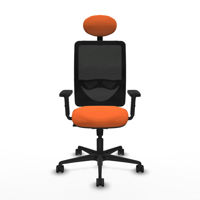 Silla de oficina Zulema con mecanismo Sincro tapizada con Tela color Naranja y malla color Negro. Equipada con lumbar 1D, Brazos 2D, Cabecero Fijo y Ruedas 65mm nailon