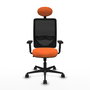 Silla de oficina Zulema con mecanismo Sincro tapizada con Tela color Naranja y malla color Negro. Equipada con lumbar 1D, Brazos 2D, Cabecero Fijo y Ruedas 65mm nailon
