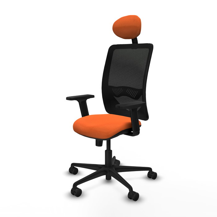 Silla de oficina Zulema con mecanismo Sincro tapizada con Tela color Naranja y malla color Negro. Equipada con lumbar 1D, Brazos 2D, Cabecero Fijo y Ruedas 65mm nailon