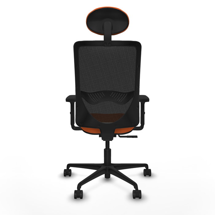 Silla de oficina Zulema con mecanismo Sincro tapizada con Tela color Naranja y malla color Negro. Equipada con lumbar 1D, Brazos 2D, Cabecero Fijo y Ruedas 65mm nailon