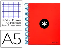 Antartik Cuaderno espiral micro A5 120 hojas cuadro 5mm 90gr tapa forrada 5 bandas color rojo