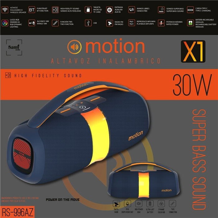 SAMI Altavoz MOTION X1 Bluetooth, 30W, Color Azul, Multimedia, Sonido de Alta Calidad, Portátil