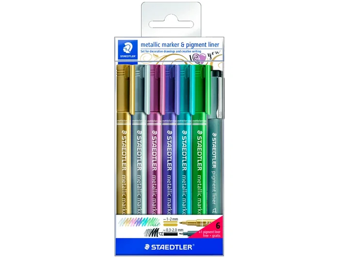 Staedtler Set de 6 Rotuladores Metálicos Surtidos y 1 Rotulador Pigment Liner 308 C2-9