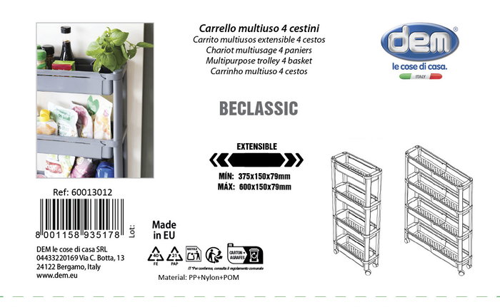 Inde Carrito Multiusos Extensible 4 Cestos 37,6 cm x 15,5 cm x 24,5 cm (4 Unidades)