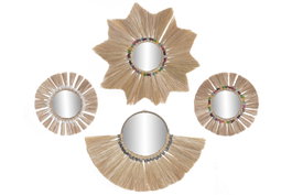 DKD Home Decor Set de 4 Decoraciones de Pared de Rafia y Cristal Natural
