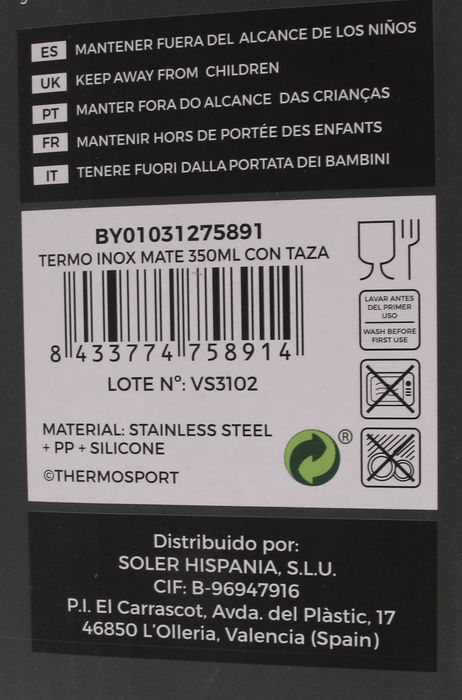 Thermosport Termo Inox Mate 350 ml Con Taza (8 Unidades)