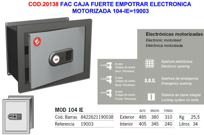 Caja fuerte electrónica motorizada para empotrar 104-IE Caja fuerte electrónica motorizada para empotrar 104-IE