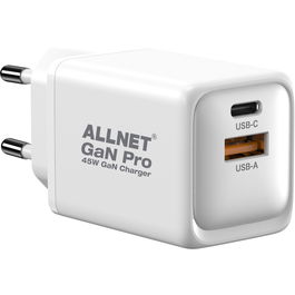 ALLNET Fuente de Alimentación QC USB-C PD GaN 45W 1x USB-A QC 1x USB-C Enchufe EU