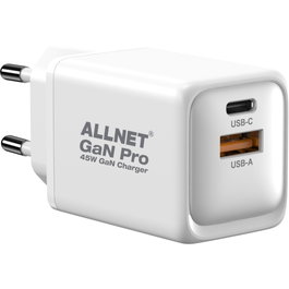 ALLNET Cargador de red GaN 45W con USB-C PD y USB-A QC, Enchufe EU