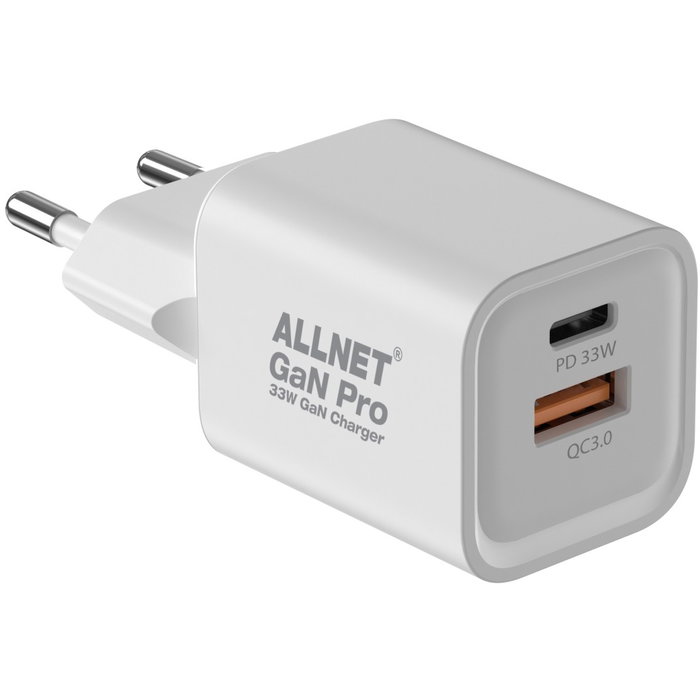 ALLNET Cargador de red GaN 45W con USB-C PD y USB-A QC, Enchufe EU