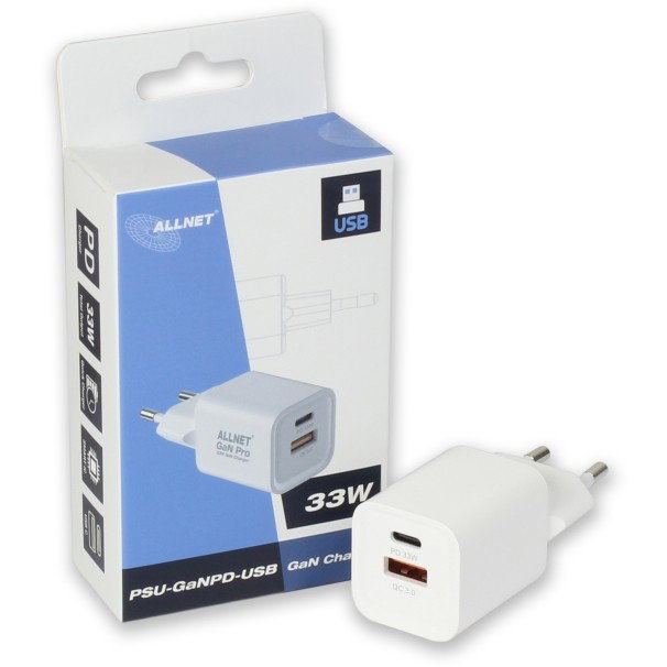 ALLNET Cargador de red GaN 45W con USB-C PD y USB-A QC, Enchufe EU