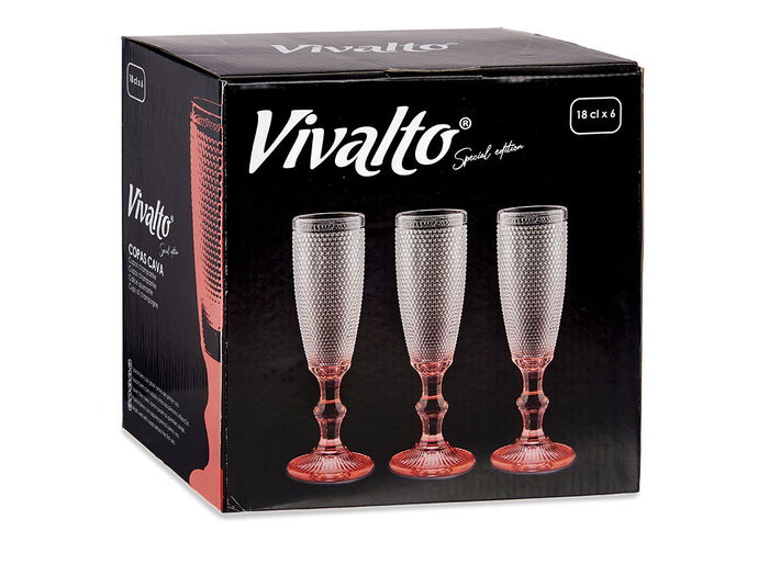 Vivalto Copa Puntos Cava Pie Rosa 180 ml - Vidrio Transparente Rosa - 7 x 20 x 7 cm (Set de 36)