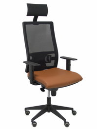 Silla de oficina Horna con mecanismo Sincro tapizada con Piel color Marrón y malla color Negro. Equipada con lumbar 1D, Brazos 1D, Cabecero Fijo y Ruedas de parqué