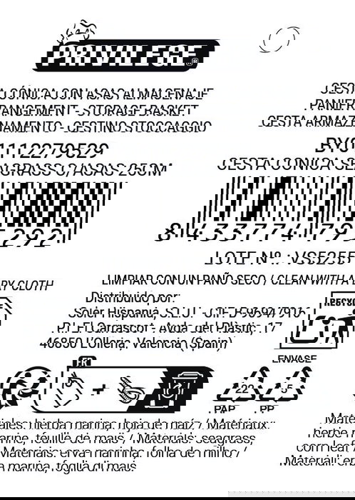 Privilege Cesta Cónica Seagrass con Asas 25 cm (18 Unidades)