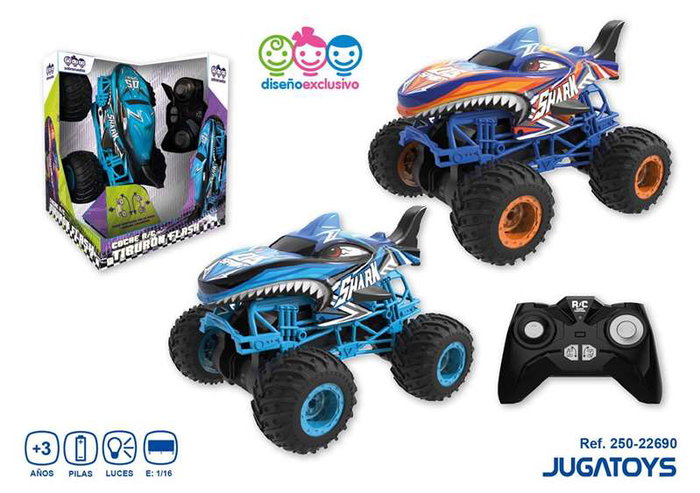 Coche radio control tiburón flash, escala 1:16, carcasa plástico, bateria litio y luces - modelos surtidos