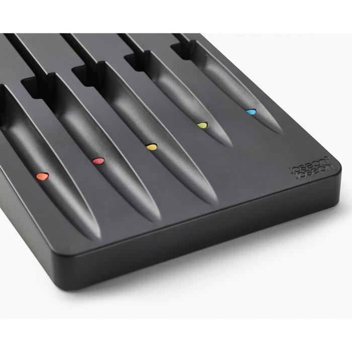 Joseph Joseph Elevate Store Set de 5 cuchillos con bandeja de almacenamiento para cajón, Plata / Negro de acero inoxidable japonés de alta calidad. Joseph Joseph Elevate Store Set de 5 cuchillos con bandeja de almacenamiento para cajón, Plata / Negro de acero inoxidable japonés de alta calidad.