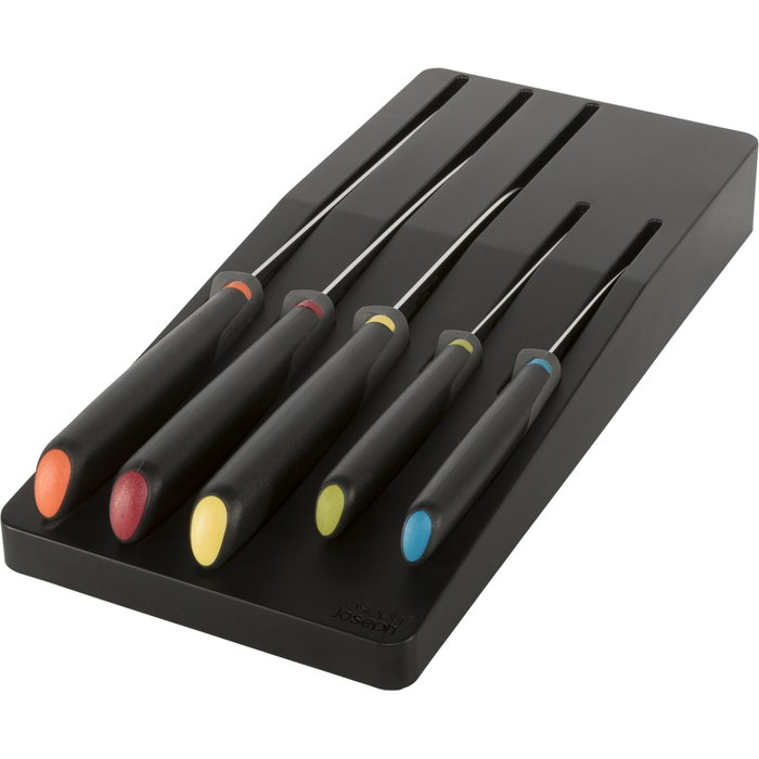Joseph Joseph Elevate Store Set de 5 cuchillos con bandeja de almacenamiento para cajón, Plata / Negro de acero inoxidable japonés de alta calidad. Joseph Joseph Elevate Store Set de 5 cuchillos con bandeja de almacenamiento para cajón, Plata / Negro de acero inoxidable japonés de alta calidad.