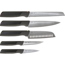 Joseph Joseph Elevate Store Set de 5 cuchillos con bandeja de almacenamiento para cajón, Plata / Negro de acero inoxidable japonés de alta calidad.