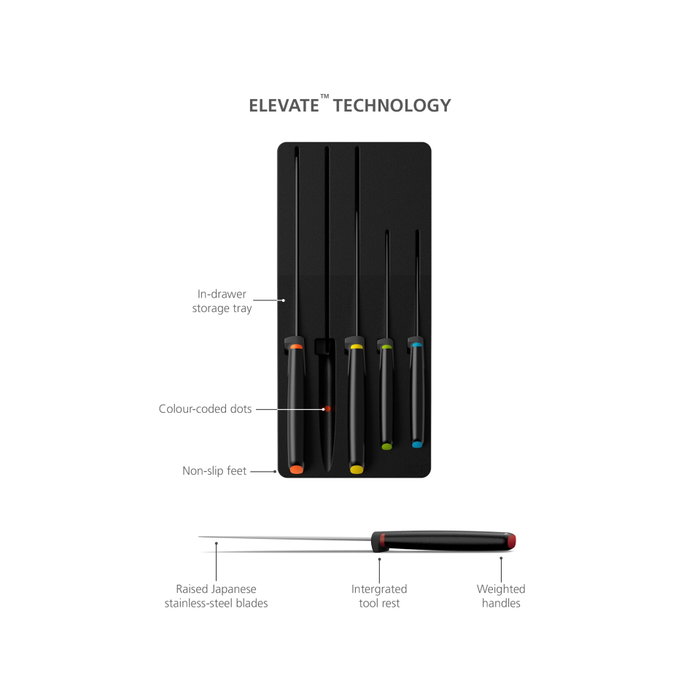 Joseph Joseph Elevate Store Set de 5 cuchillos con bandeja de almacenamiento para cajón, Plata / Negro de acero inoxidable japonés de alta calidad. Joseph Joseph Elevate Store Set de 5 cuchillos con bandeja de almacenamiento para cajón, Plata / Negro de acero inoxidable japonés de alta calidad.
