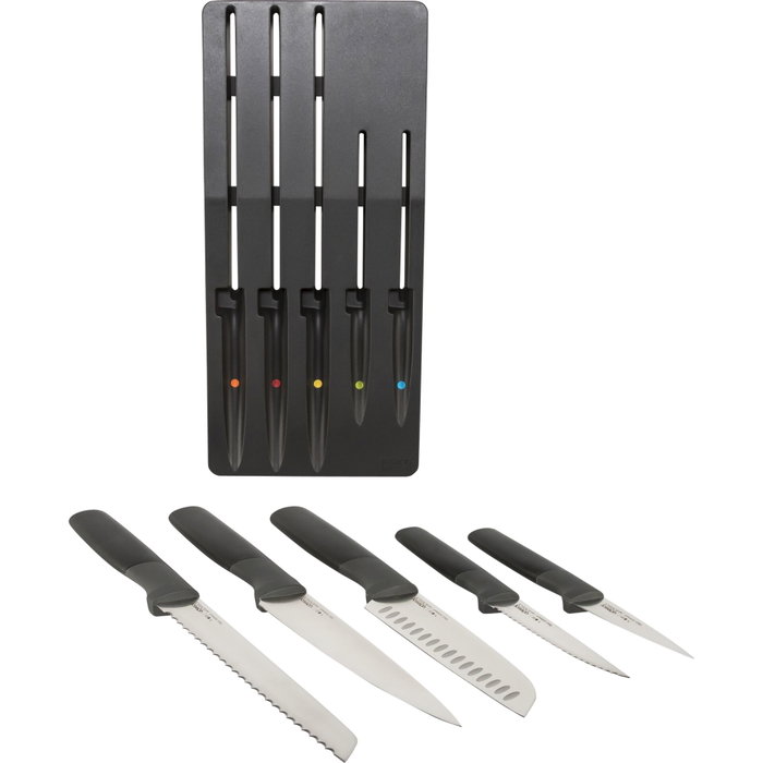 Joseph Joseph Elevate Store Set de 5 cuchillos con bandeja de almacenamiento para cajón, Plata / Negro de acero inoxidable japonés de alta calidad. Joseph Joseph Elevate Store Set de 5 cuchillos con bandeja de almacenamiento para cajón, Plata / Negro de acero inoxidable japonés de alta calidad.